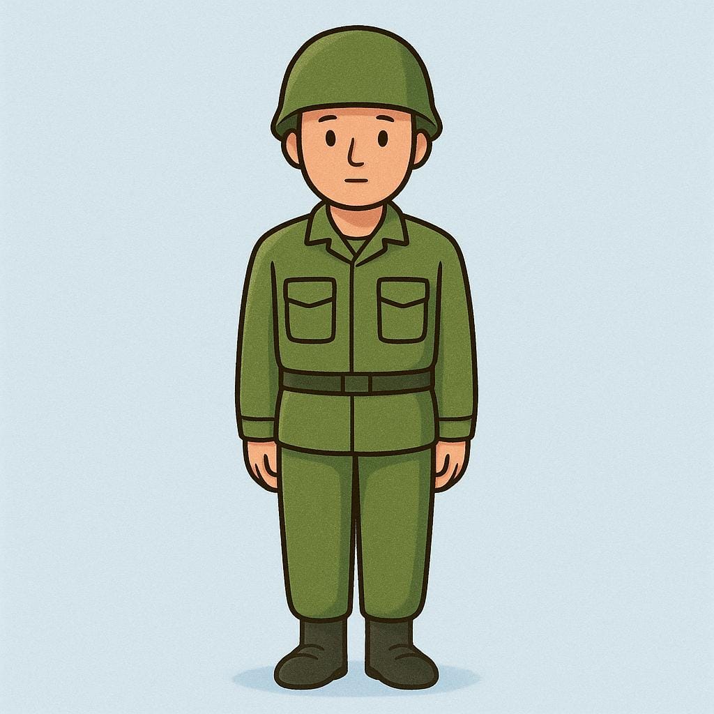 A single young soldier wearing a green military uniform and helmet, standing at attention.