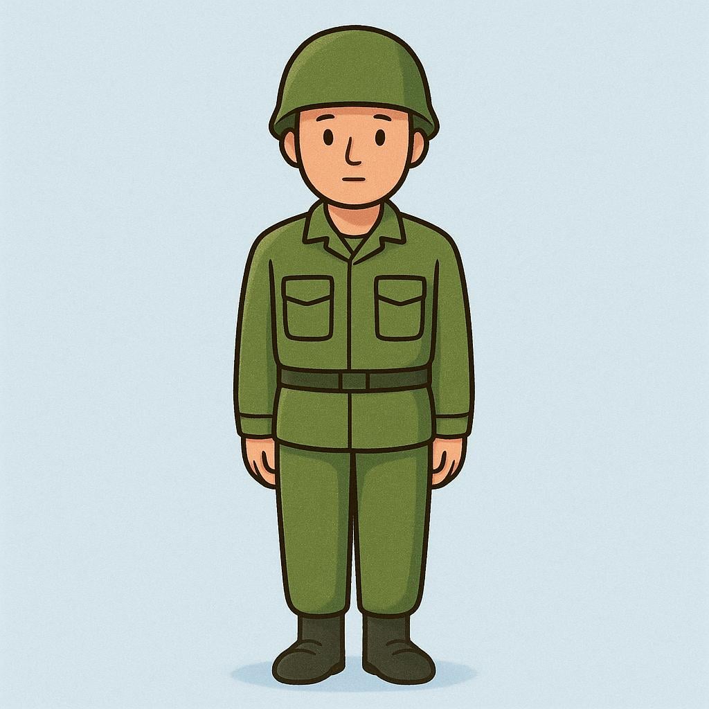 A single young soldier wearing a green military uniform and helmet, standing at attention.