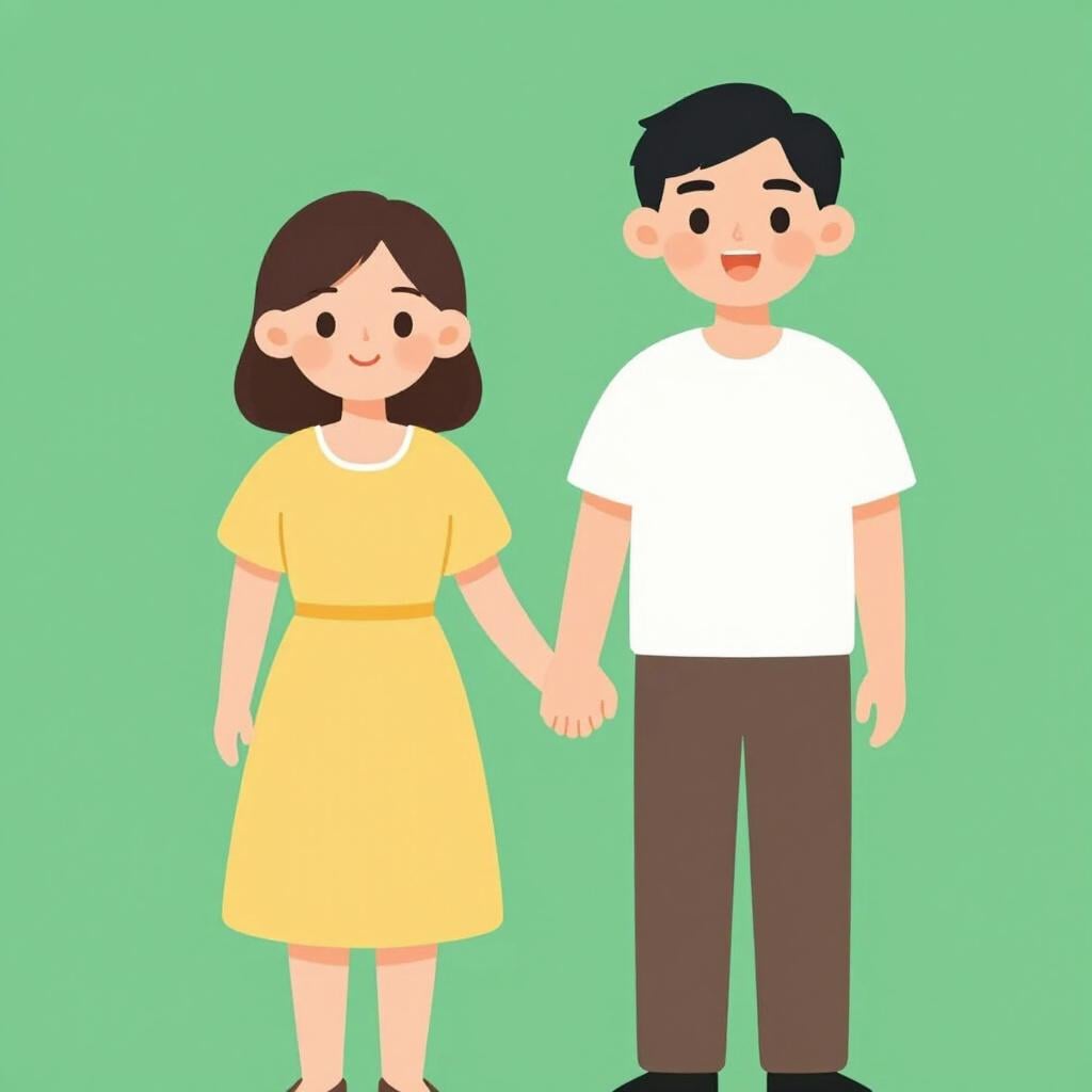 A happy mother and father standing together, smiling and holding hands.