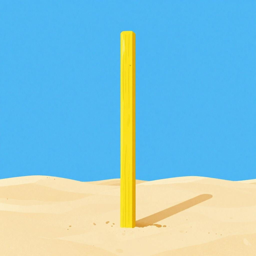 Um único poste amarelo reto em pé na areia.