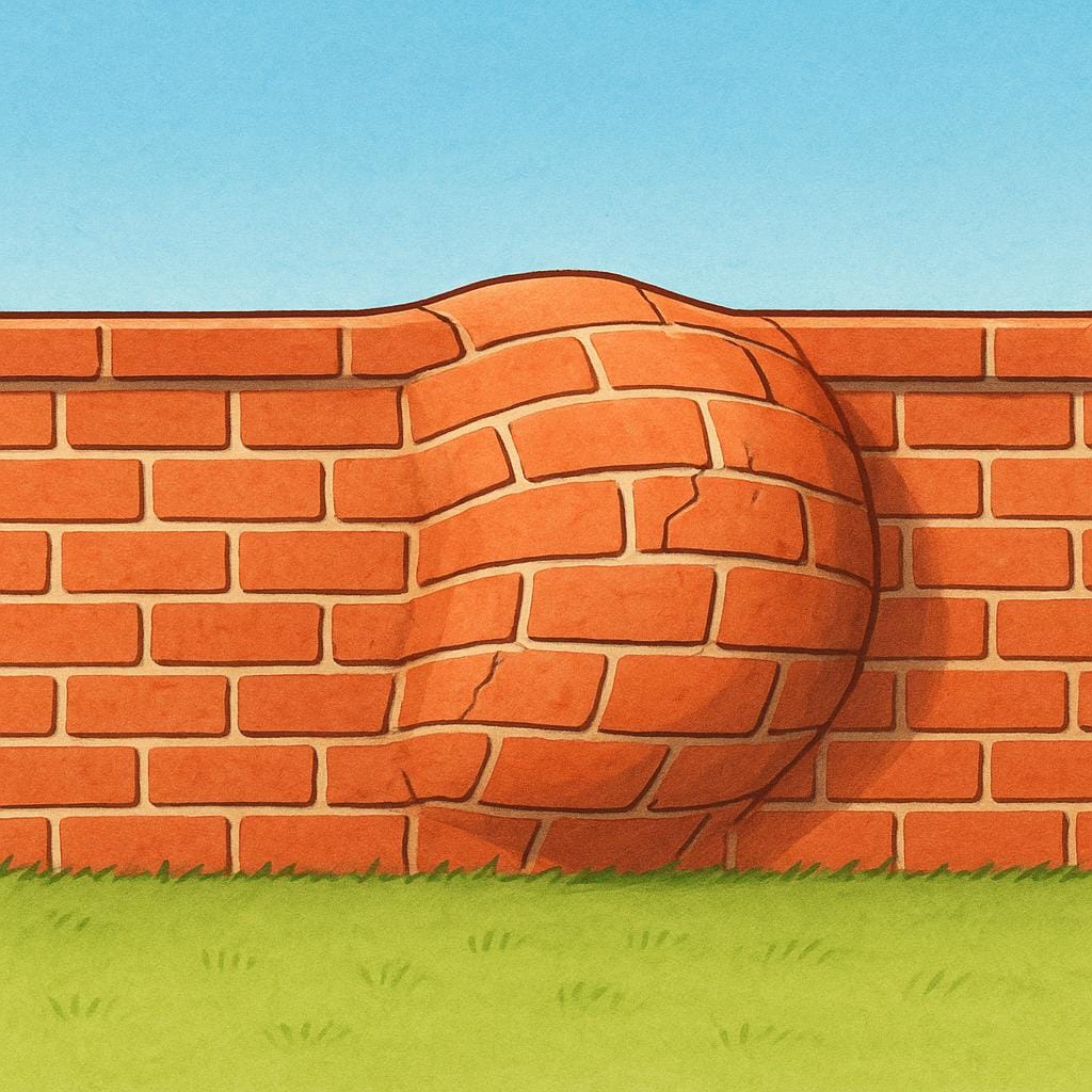 An illustration depicting a straight, uniform brick wall with one large section aggressively pushed outward, creating a clear, dramatic hole or opening.
