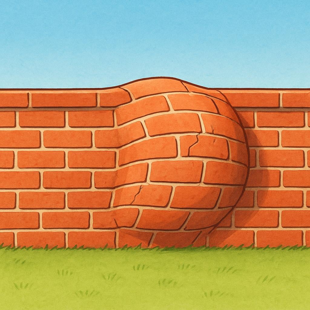 An illustration depicting a straight, uniform brick wall with one large section aggressively pushed outward, creating a clear, dramatic hole or opening.