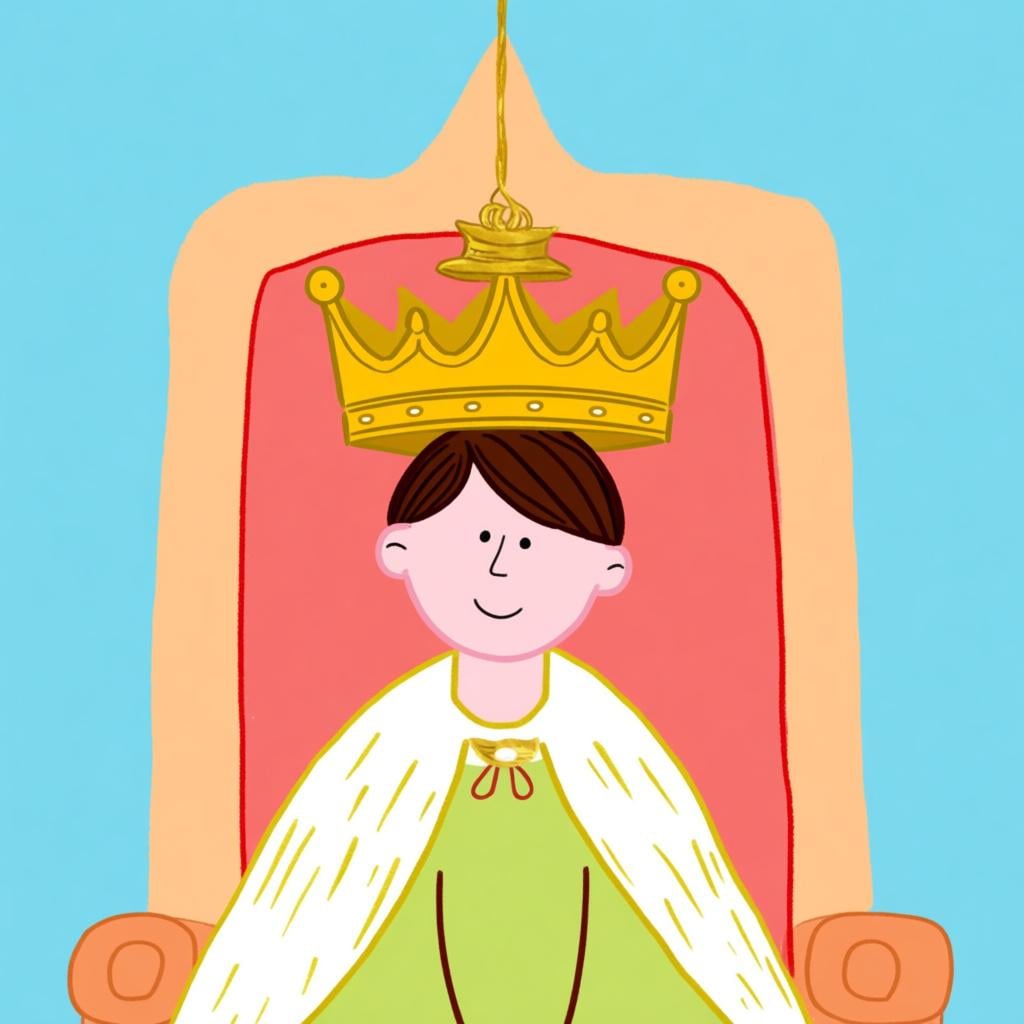A golden crown being placed onto the head of a younger person seated on a simple, large throne.
