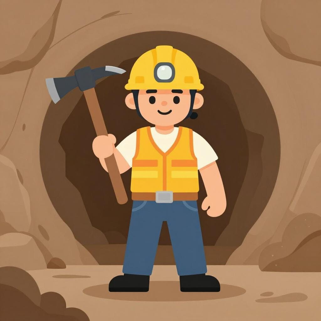 A person wearing a yellow hard hat with a light on it, holding a pickaxe and standing near a rocky wall.