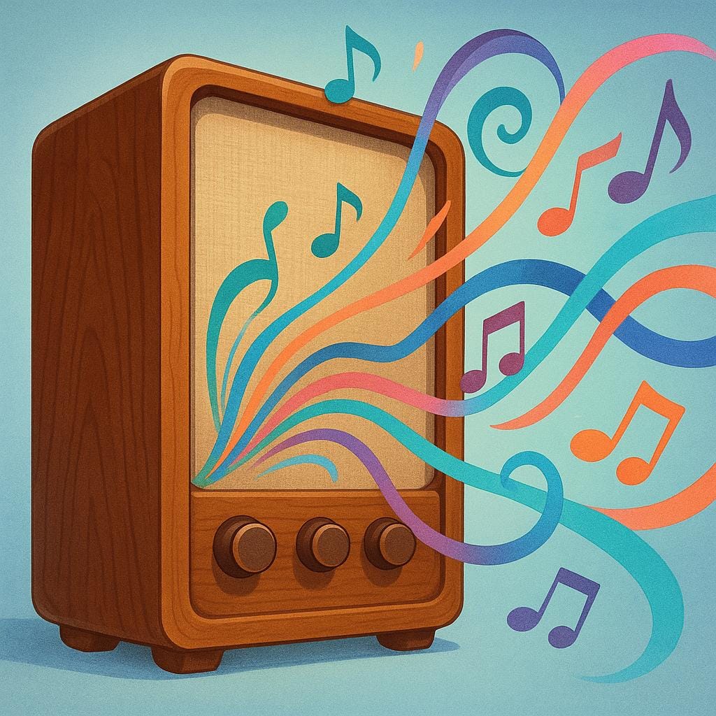 A storybook illustration of a large, retro speaker cabinet. Smooth, vibrant, swirling light and perfect musical notes flow out of the speaker grille, symbolizing high audio quality.