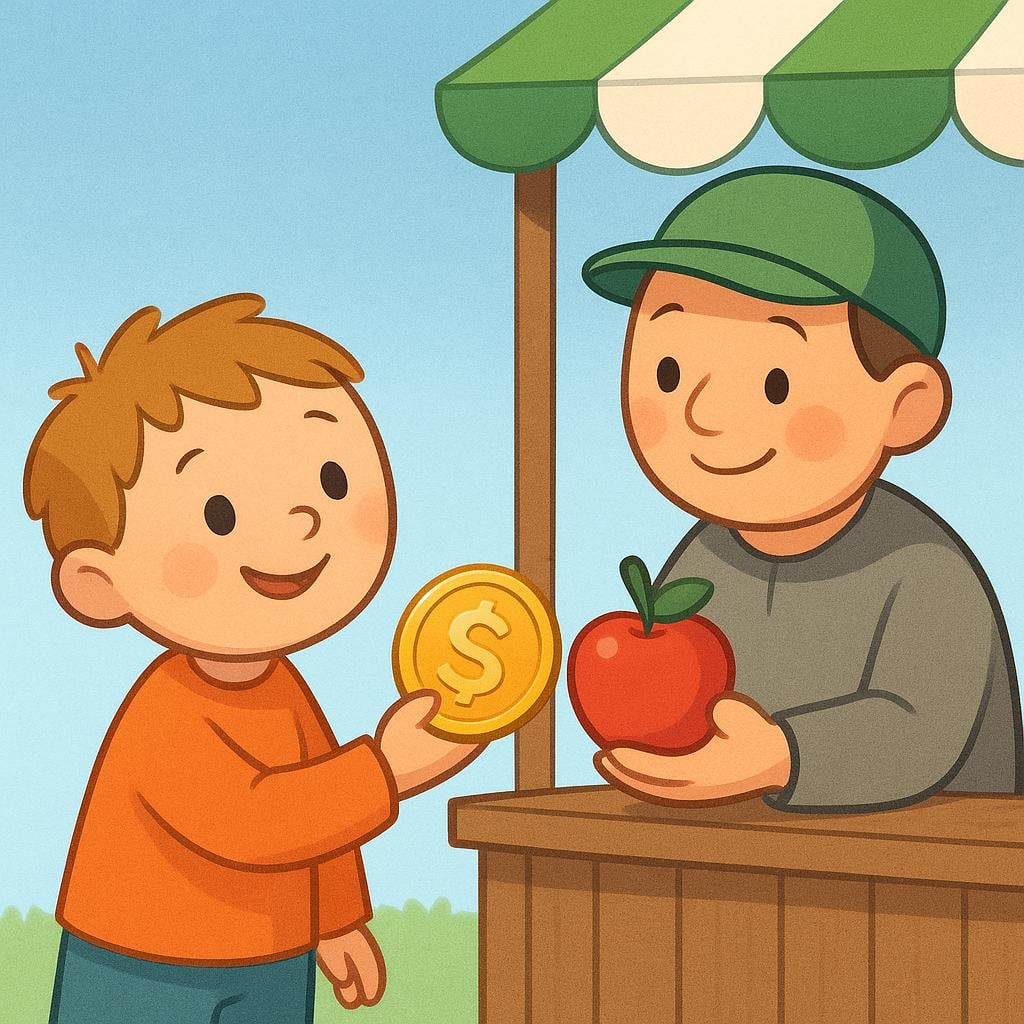 A small, cheerful figure hands a shiny, golden object to a vendor in exchange for a simple red apple.