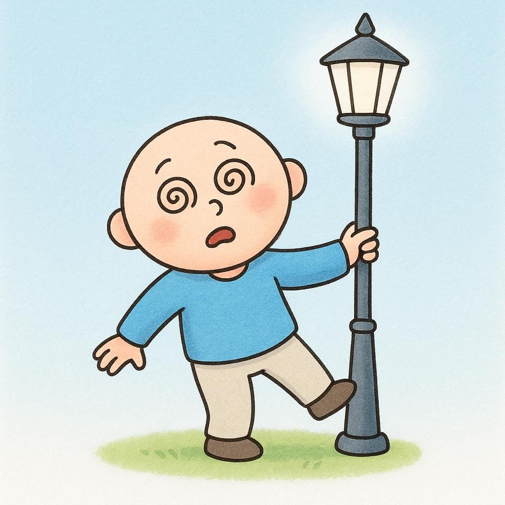 A person with a dizzy expression, leaning heavily against a lamppost, visually representing intoxication.