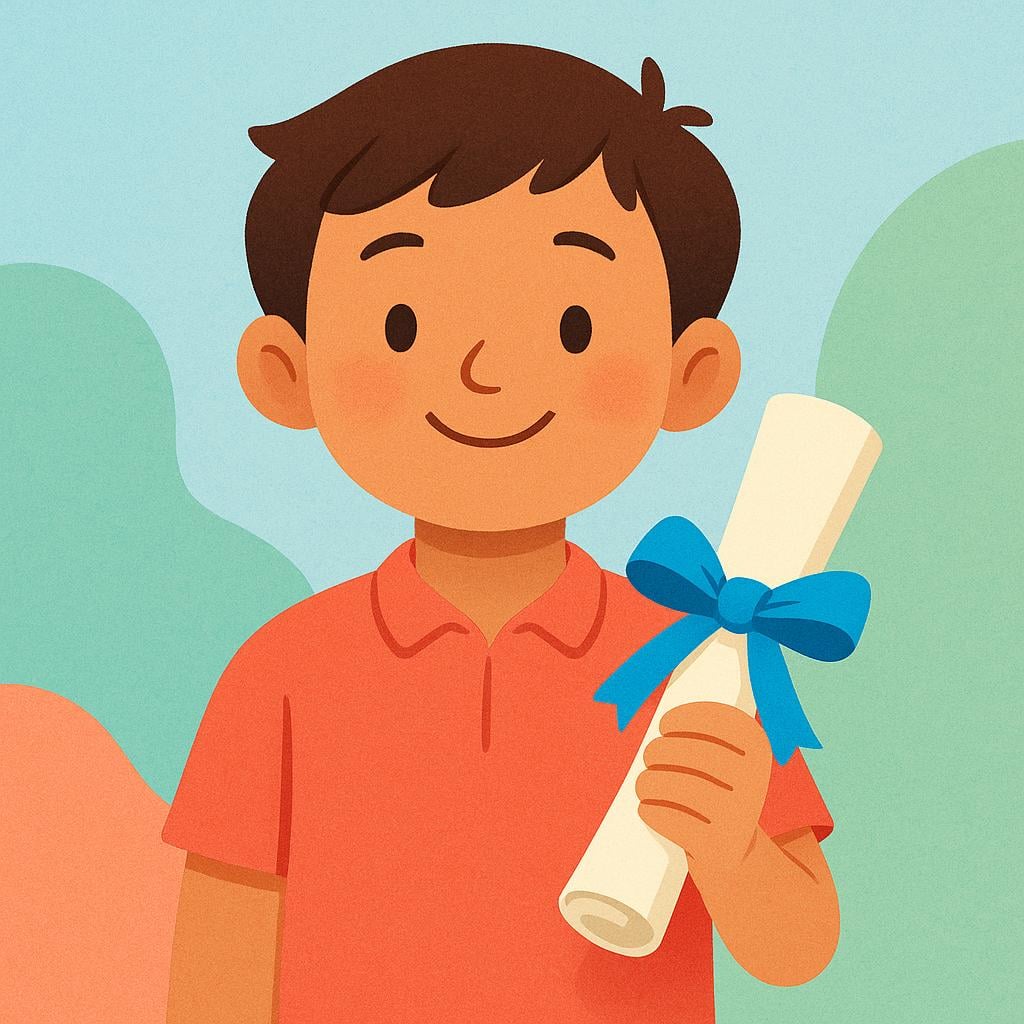 A cheerful student holding a rolled-up scroll tied with a bright blue ribbon, symbolizing a successful result.