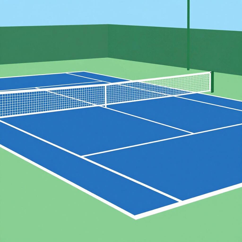 A bright blue tennis court with white boundary lines and a net in the center.