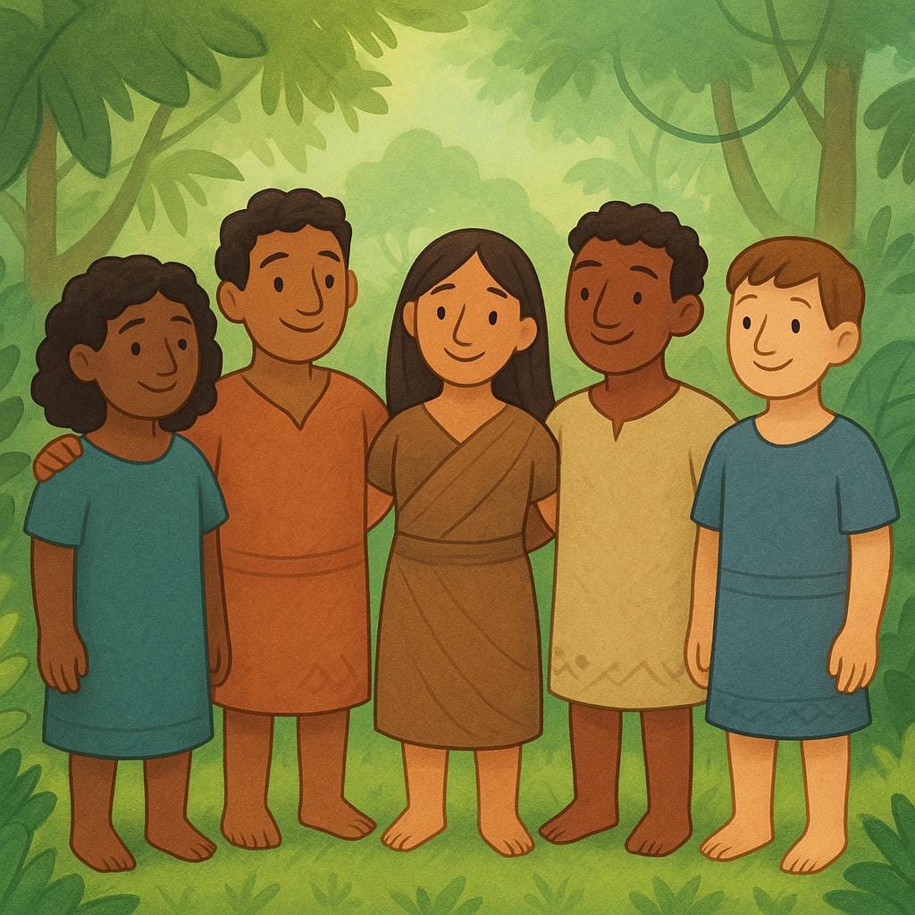 A group of five smiling figures, representing a tribe, wearing simple matching traditional garments made of woven natural fibers, standing together in a lush green jungle clearing.