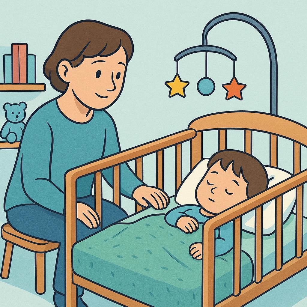 A gentle adult figure sitting quietly next to a crib, looking attentively and protectively at the small, sleeping child inside.