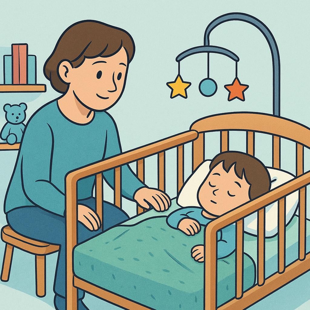 Een zachtaardige volwassen figuur die stil naast een wieg zit en aandachtig en beschermend naar het kleine, slapende kind erin kijkt.