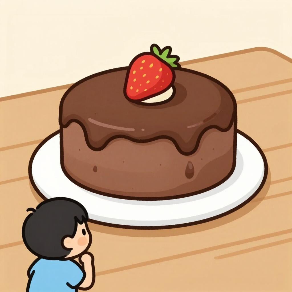 A child looking at a chocolate cake with a curious expression.