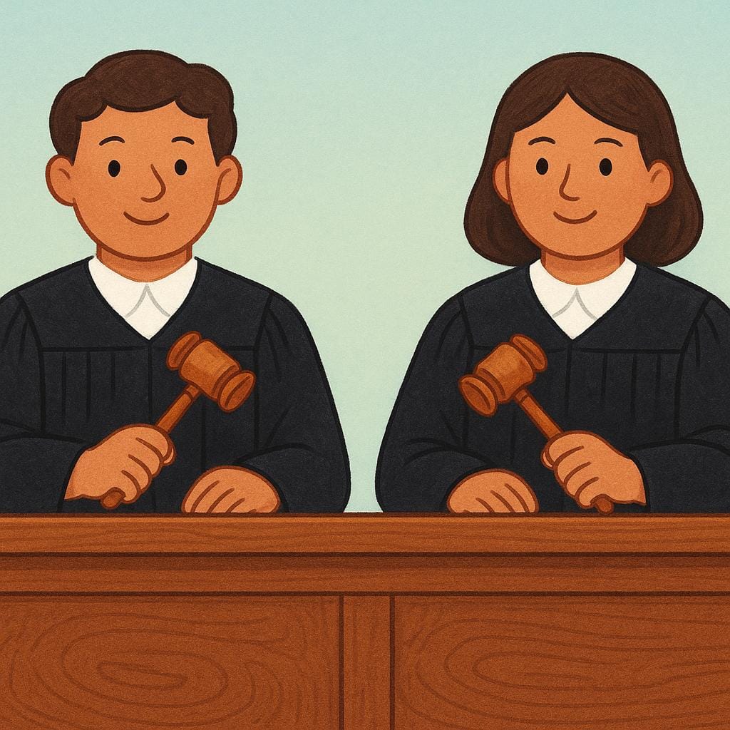 Eine farbenfrohe Bilderbuchillustration, die zwei Richter in schwarzen Roben und weißen Kragen zeigt, die hinter einer großen Holzbank sitzen. Jeder Richter hält einen Holzhammer.