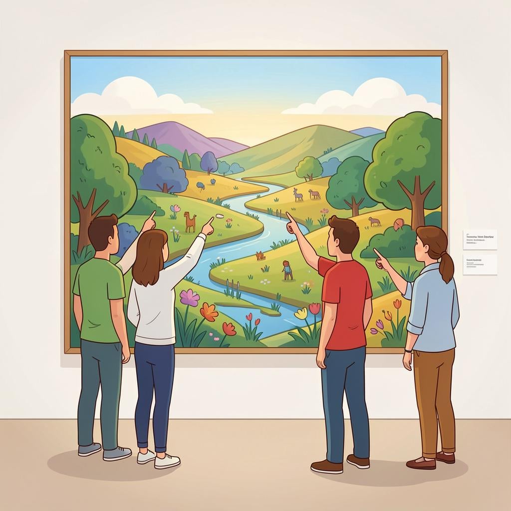 A group of friends pointing at a large, colorful painting on a museum wall.