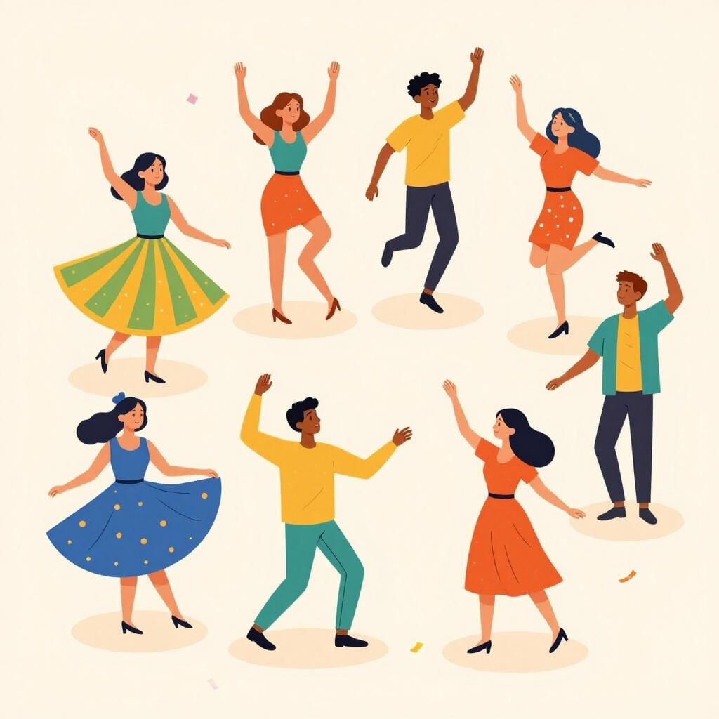 A group of diverse people in colorful clothing performing different dance styles together in a festive setting.