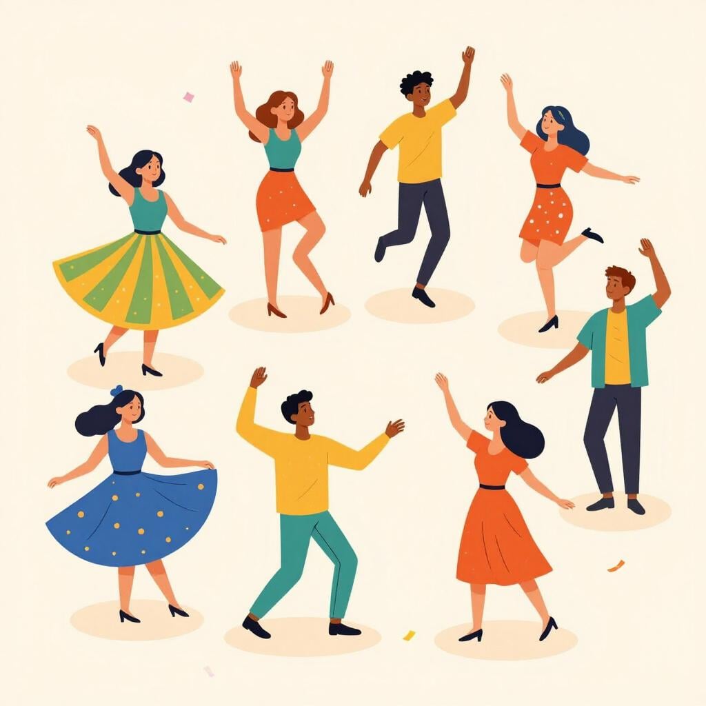 A group of diverse people in colorful clothing performing different dance styles together in a festive setting.