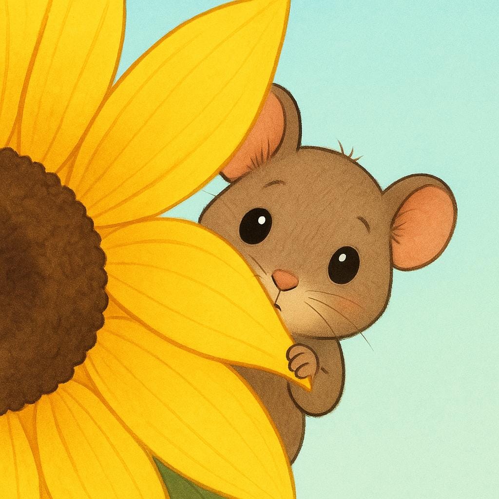 A small, timid mouse peeking out from behind a large, bright yellow sunflower petal, showing shyness and reservation.