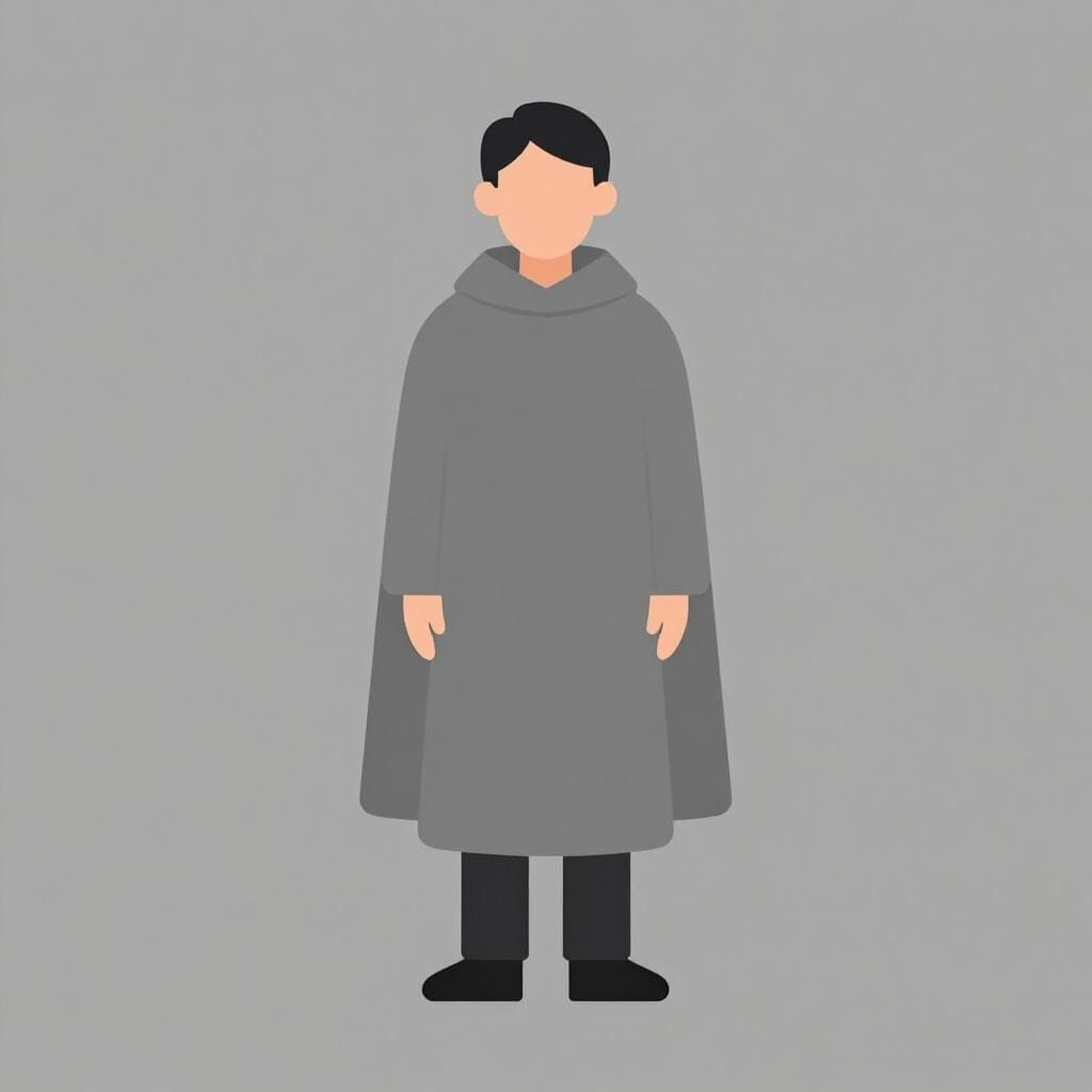 A person standing with their arms crossed and a neutral expression, wearing a plain grey cloak that blends into a grey background.