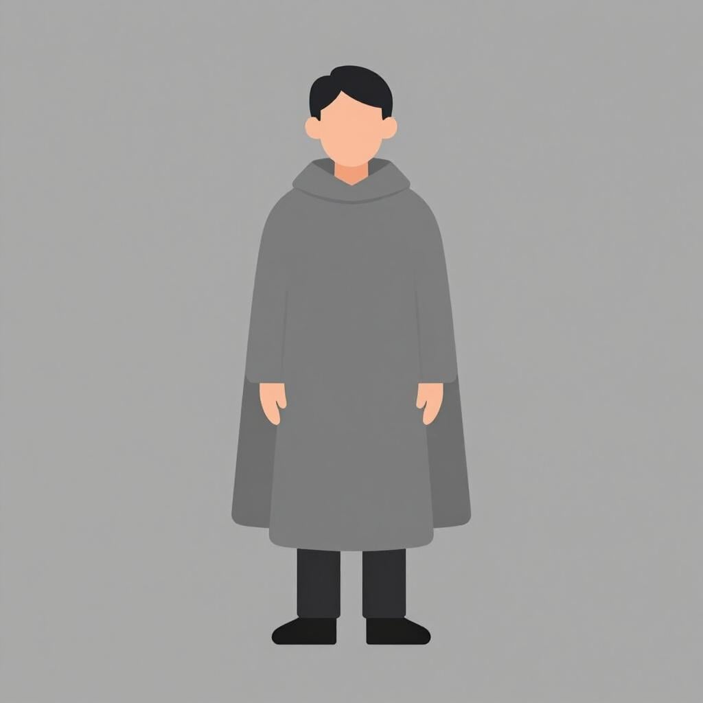 Uma pessoa em pé com os braços cruzados e uma expressão neutra, vestindo uma capa cinza simples que se mistura a um fundo cinza.