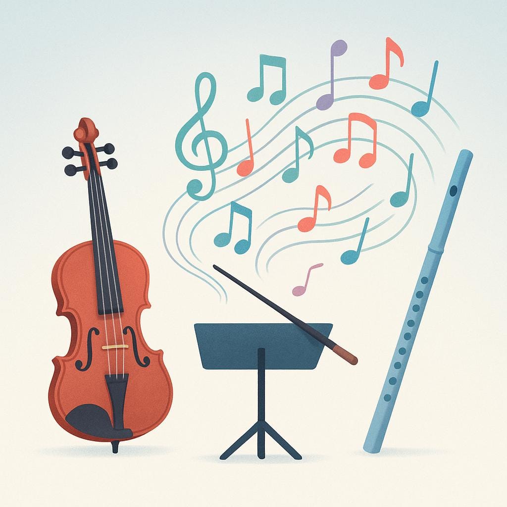 Ein einzelner Dirigentenstab ruht auf einem Ständer, umgeben von stilisierten Musiknoten, die auf eine Geige und eine Flöte zufließen, was eine musikalische Komposition symbolisiert.