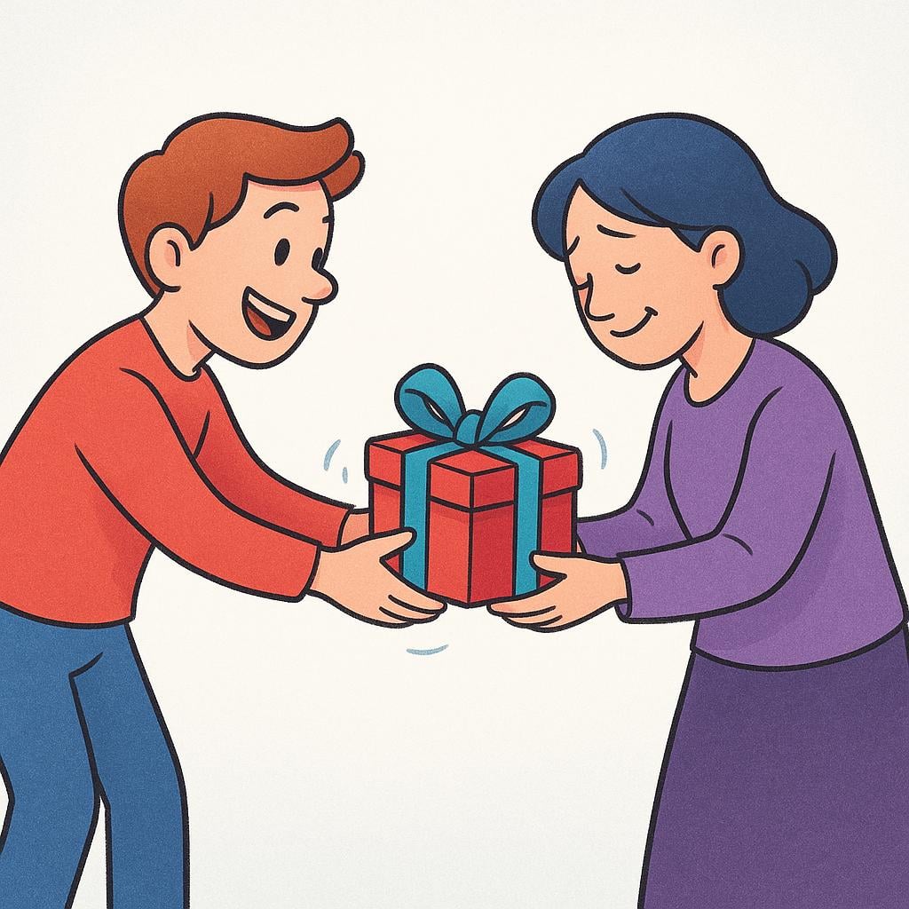 A person extending their hand to give a small, wrapped gift box to a second person.