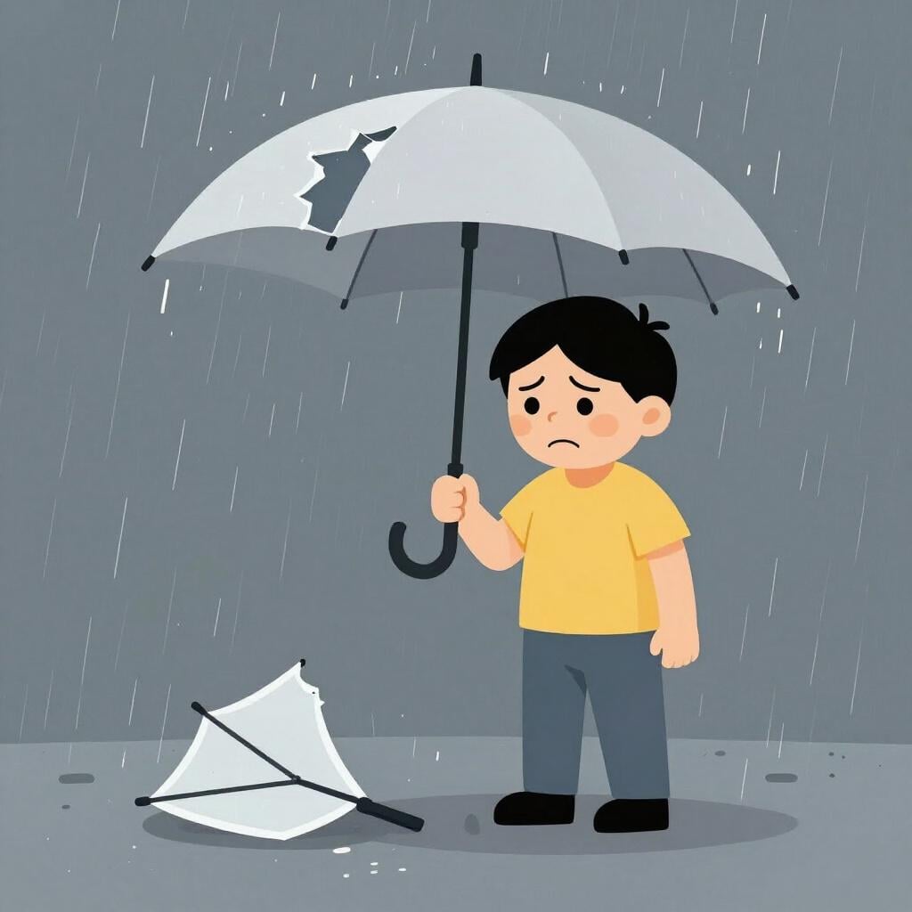 Une personne frustrée tenant un parapluie cassé et retourné sous une forte averse.