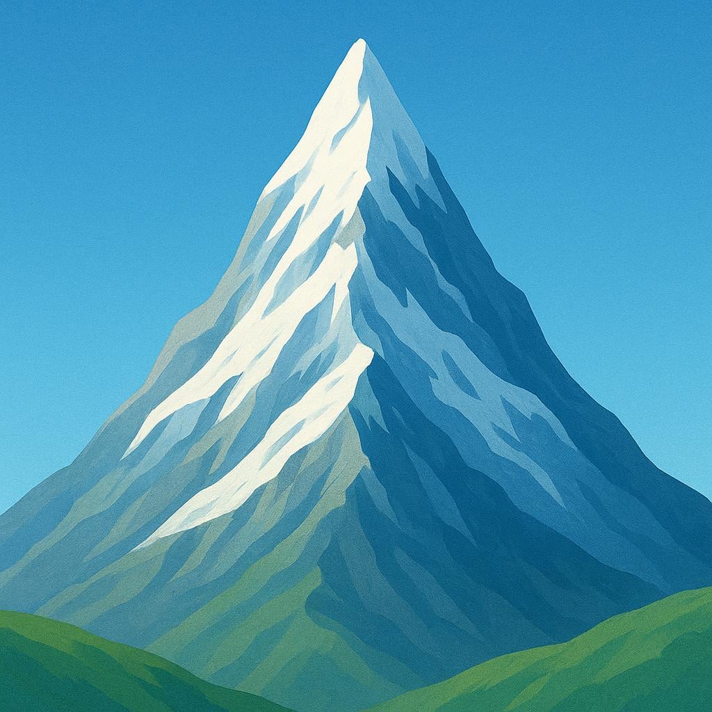 A colorful illustration of a very tall, snow-capped mountain with a distinct, sharp peak dominating the landscape.