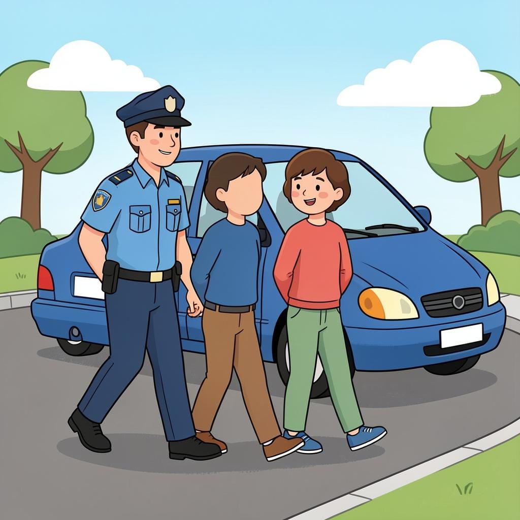 Een politieagent in een blauw uniform begeleidt twee personen naar een geparkeerde auto.