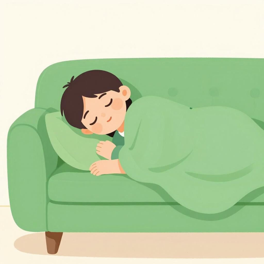 A person resting comfortably on a soft green sofa.