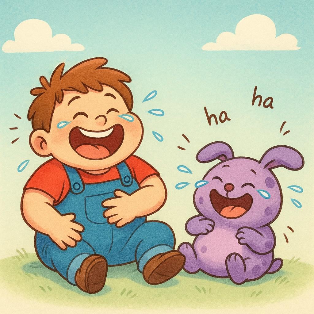 A storybook illustration of two cartoonish characters rolling on the floor, holding their stomachs, overcome with uncontrollable laughter.