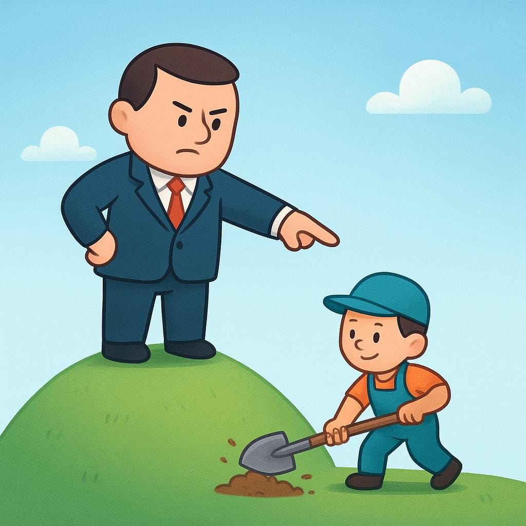 A simplified illustration of a boss figure standing on a mound, pointing decisively with a serious expression, commanding a smaller worker figure below who is immediately beginning a task.