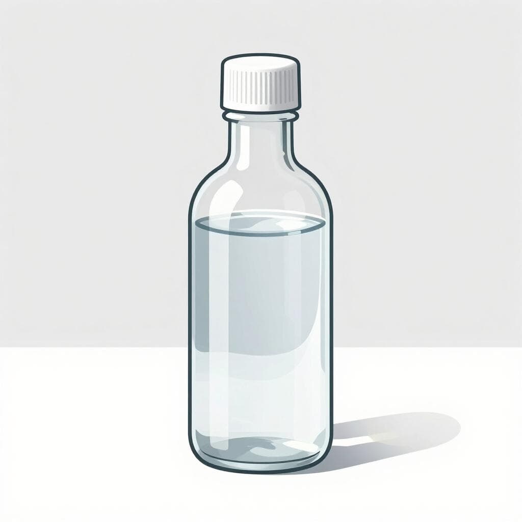 A simple, clear glass bottle with a white cap, containing a transparent liquid, representing rubbing alcohol or a generic chemical substance.