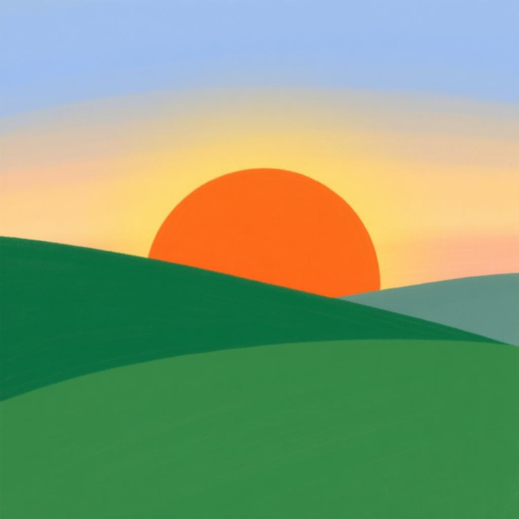 Um sol poente desaparecendo atrás de uma colina suave, simbolizando o fim imediato do dia anterior.