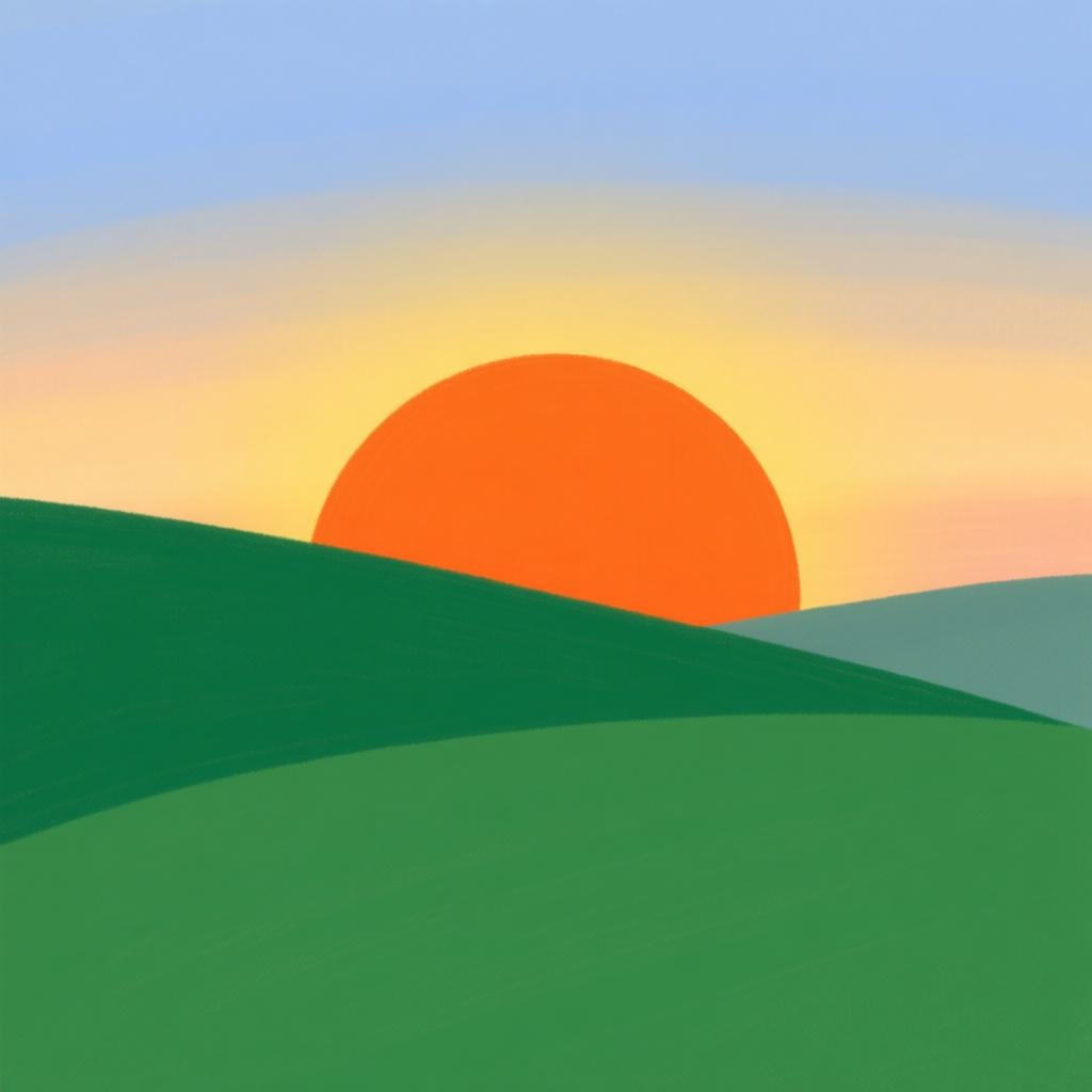 A setting sun disappearing behind a gentle hill, symbolizing the immediate end of the previous day.