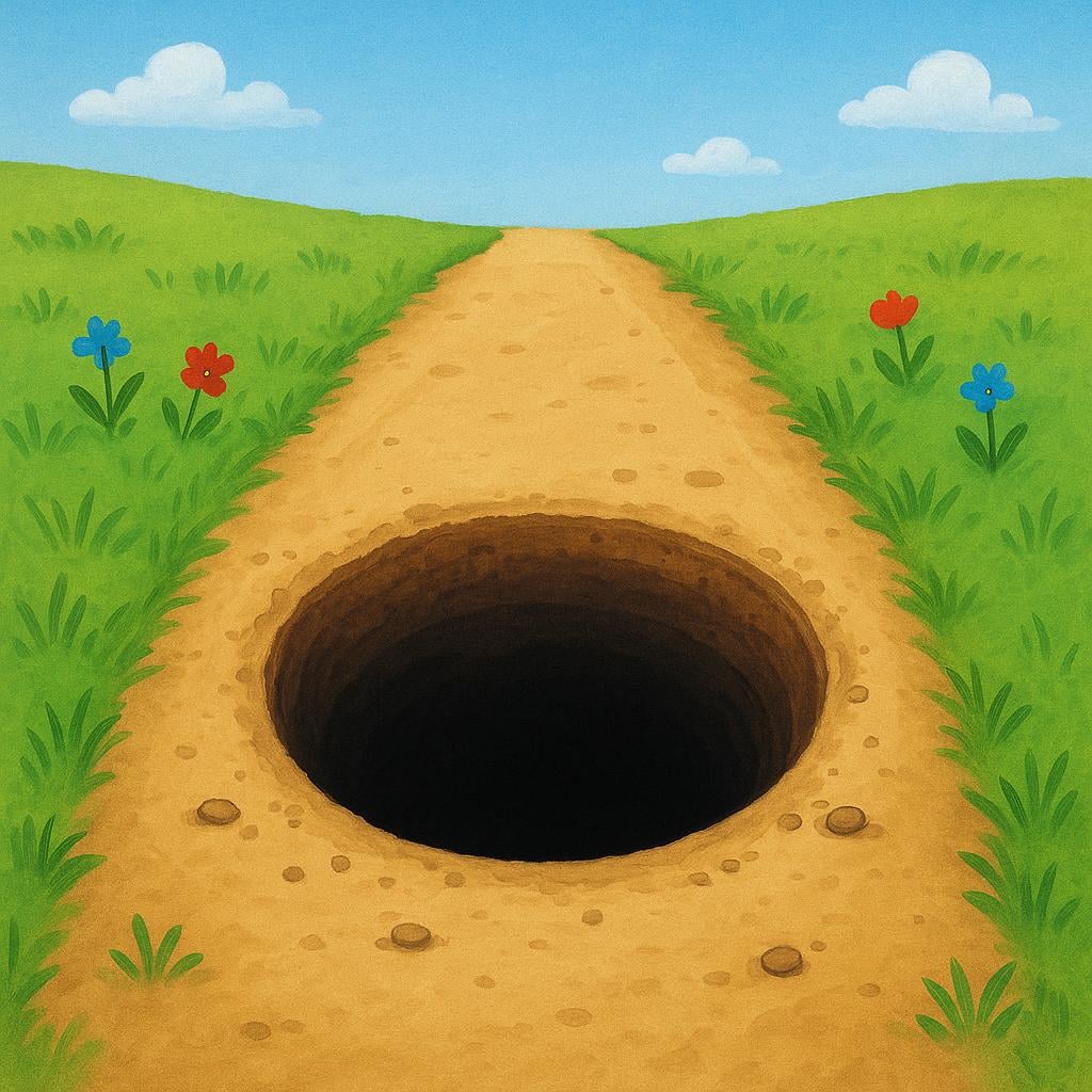 A bright, sunny dirt path suddenly ends at the edge of a very deep, dark, open hole, illustrating a hidden hazard or threat.