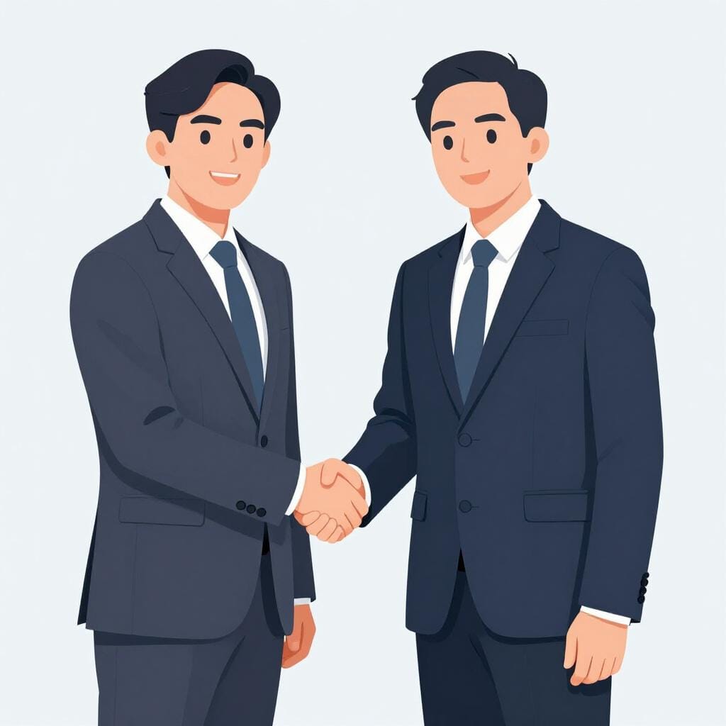 Two professionals standing side-by-side in matching business attire, shaking hands.
