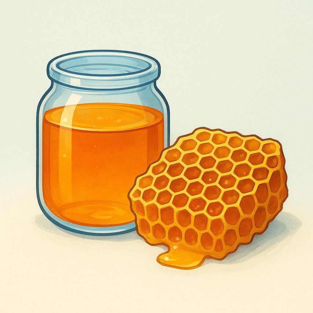 A glass jar filled with thick, golden honey sits beside a piece of honeycomb dripping slightly. The scene is bright and inviting.
