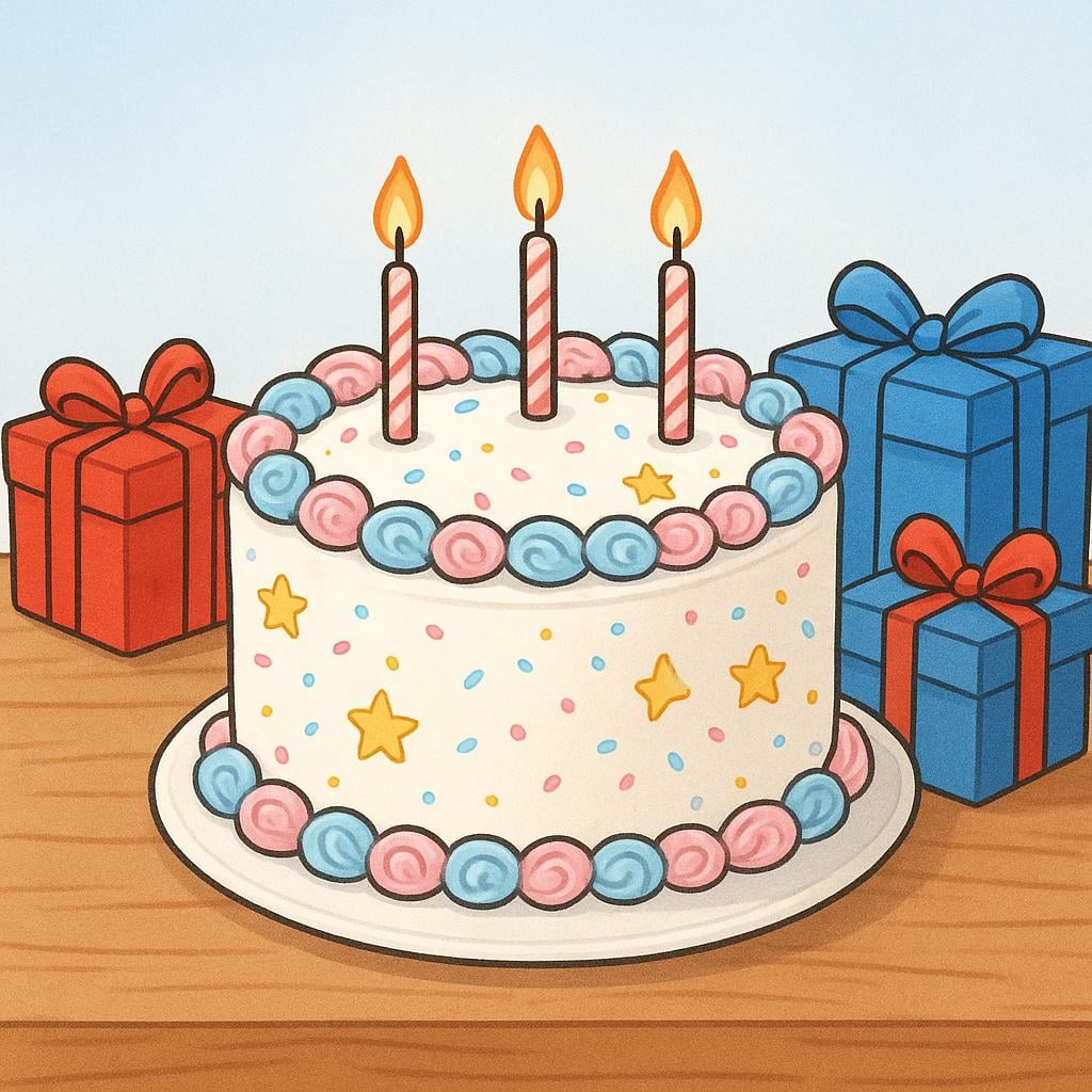 A beautifully decorated birthday cake with lit candles placed on a table, surrounded by colorful wrapped gift boxes, symbolizing a specific day.
