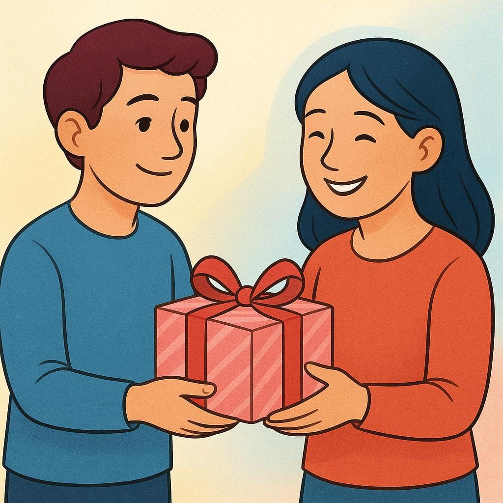 Un'illustrazione da libro di fiabe che mostra una persona che sorride felicemente mentre accetta un pacchetto regalo dai colori vivaci dalla mano tesa di qualcun altro.