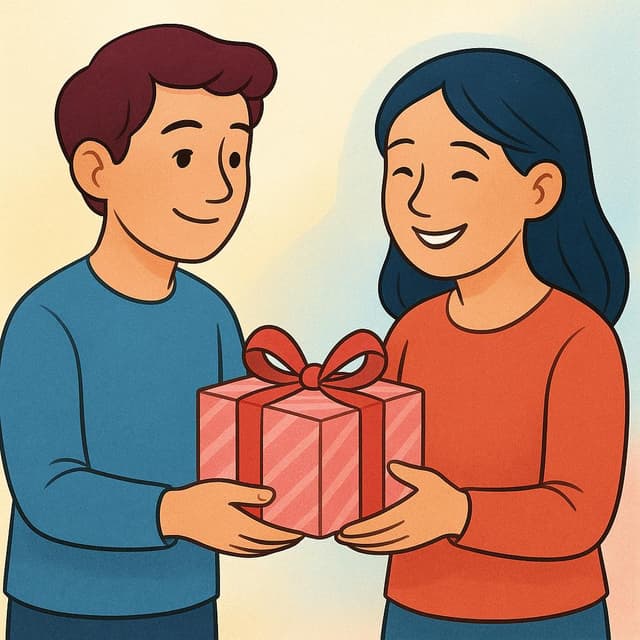 Eine Bilderbuchillustration, die eine Person zeigt, die glücklich lächelt, während sie eine hell verpackte Geschenkbox aus der ausgestreckten Hand einer anderen Person entgegennimmt.
