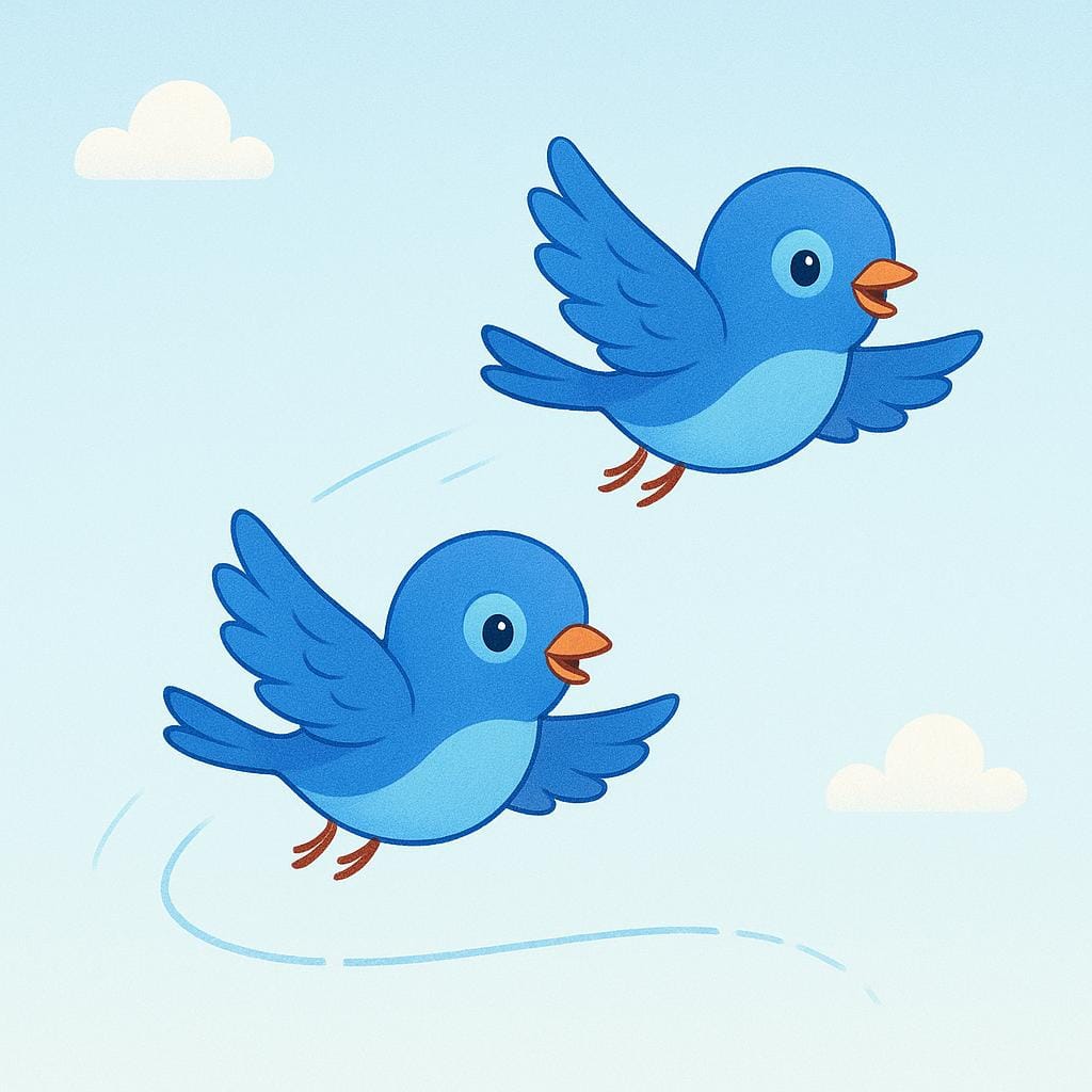 Two identical, cheerful bluebirds flying one after the other along a simple, curved path in the sky, suggesting a repeated action.