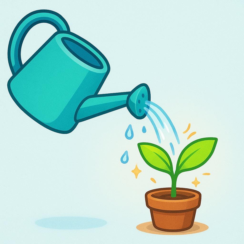 A large, colorful watering can pouring water directly onto a small, bright green plant, illustrating cause and effect.