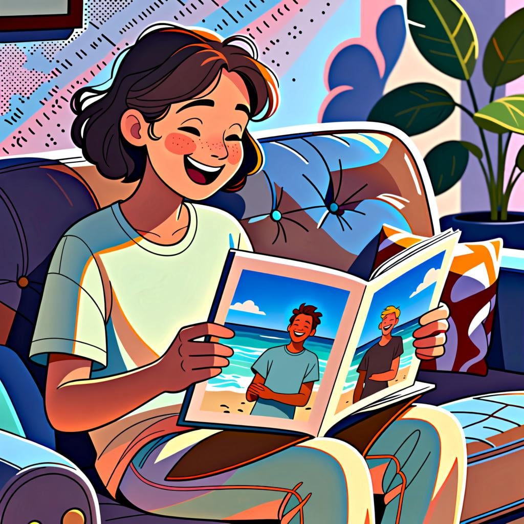 A person looking at a photo album, with one photo showing them on a beach, illustrating a past experience.