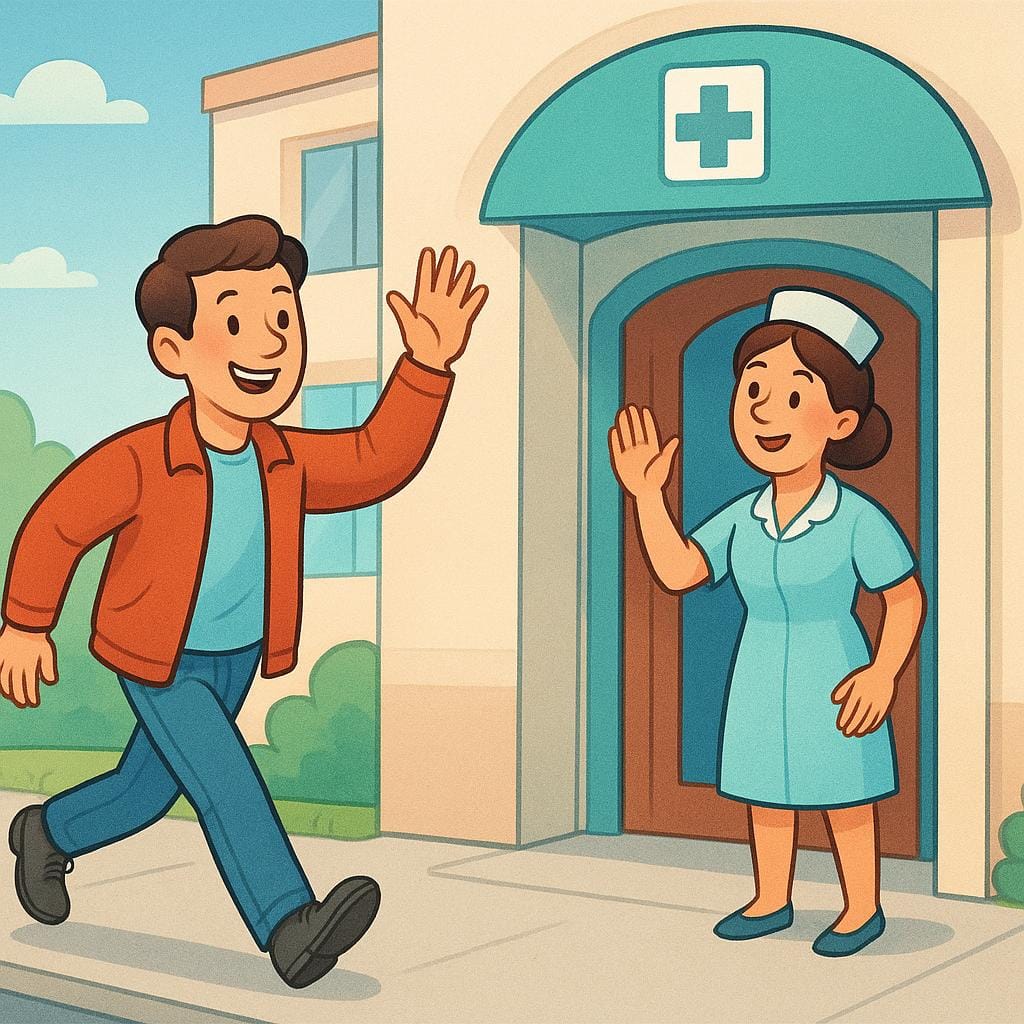 A colorful storybook illustration of a cheerful patient, now wearing normal clothes, walking out of a stylized hospital entrance, waving goodbye to a nurse standing in the doorway, symbolizing a medical discharge.