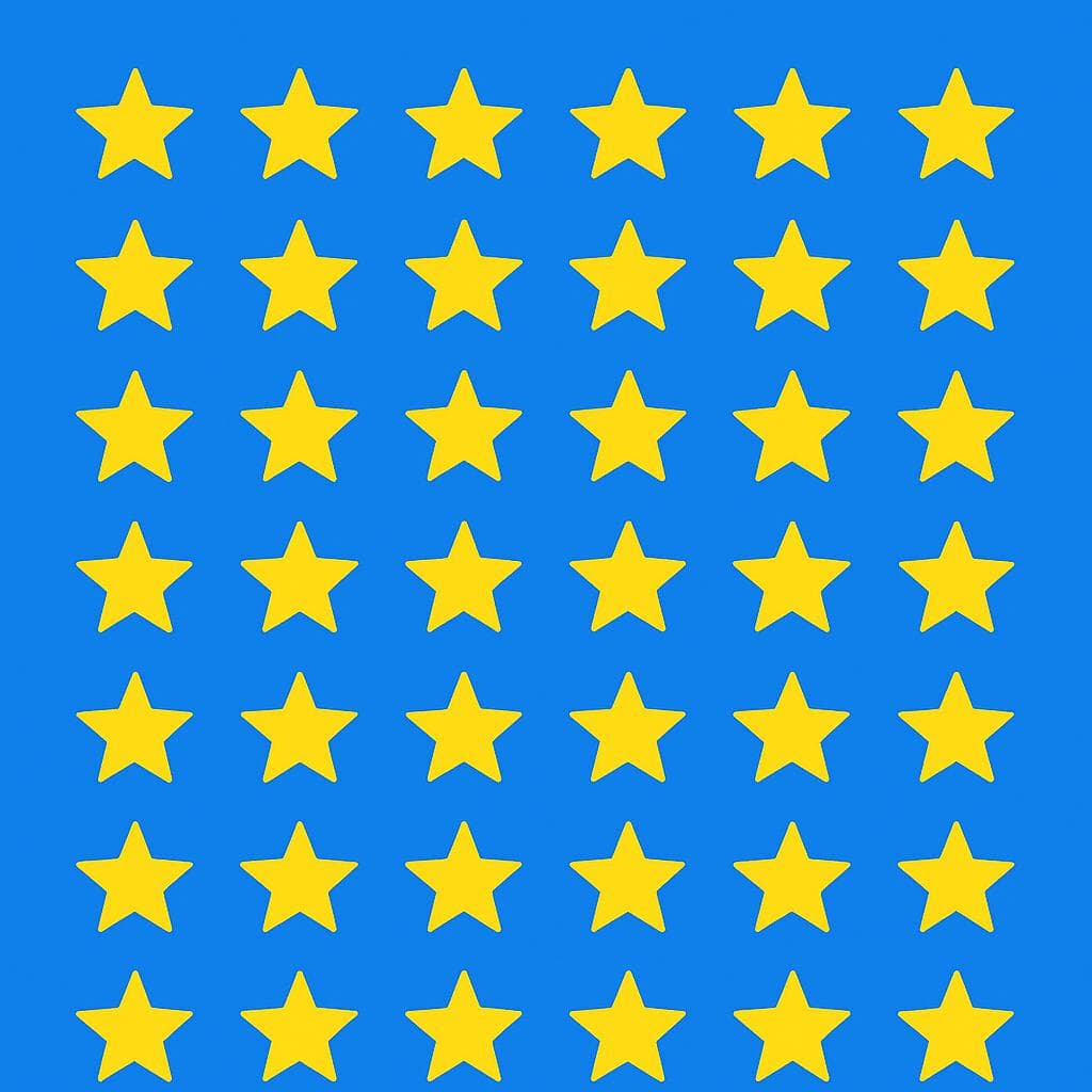 A precise and clear arrangement of forty identical bright yellow stars against a solid blue background, illustrating the quantity of forty.