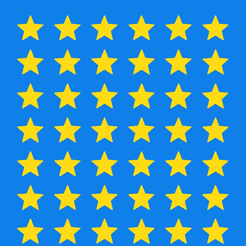 Una disposizione precisa e chiara di quaranta stelle gialle brillanti identiche su uno sfondo blu uniforme, che illustra la quantità di quaranta.