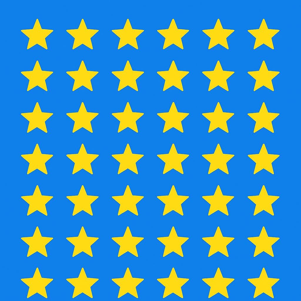 A precise and clear arrangement of forty identical bright yellow stars against a solid blue background, illustrating the quantity of forty.