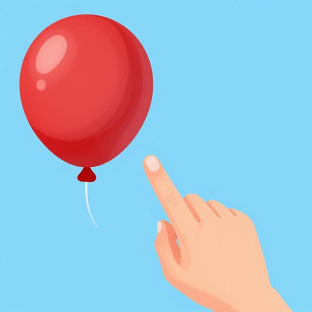 Eine Hand mit ausgestrecktem Zeigefinger, die auf einen bunten roten Ballon zeigt.