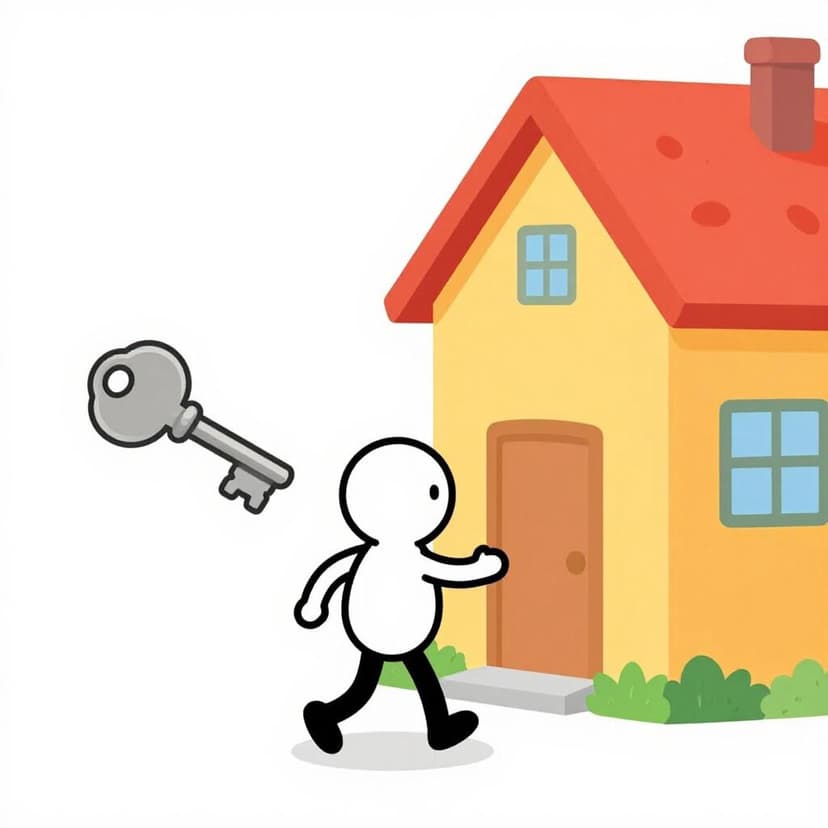 Eine einfache Illustration einer Person, die von einem leuchtend bunten Haus weggeht. Ein großer, stilisierter Schlüssel schwebt sanft aus der offenen Hand der Person und symbolisiert die Handlung, etwas Wichtiges zu vergessen.